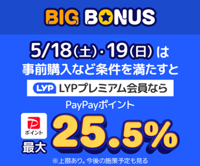 「ヤフービッグボーナス」LYPプレミアム会員なら最大25.5%